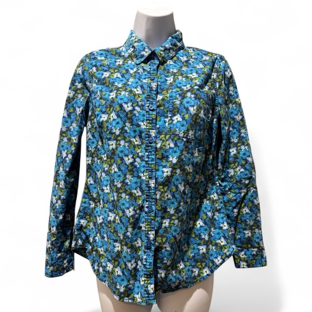 Laura Scott Blue Floral Button-Up Shirt Size S Ditsy Print Cottagecore Whimsy